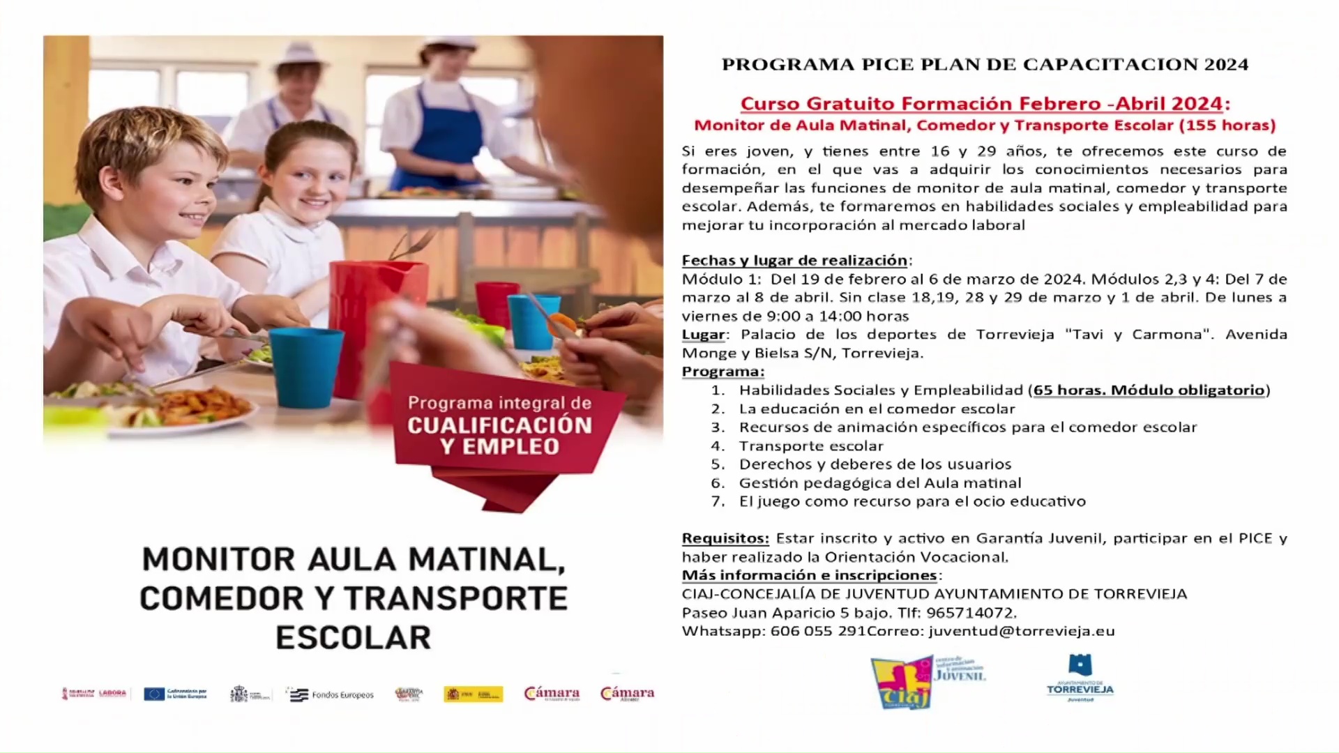 Imagen de Abierto el plazo de inscripción para el curso de monitor de aula matinal, comedor y transporte escolar 