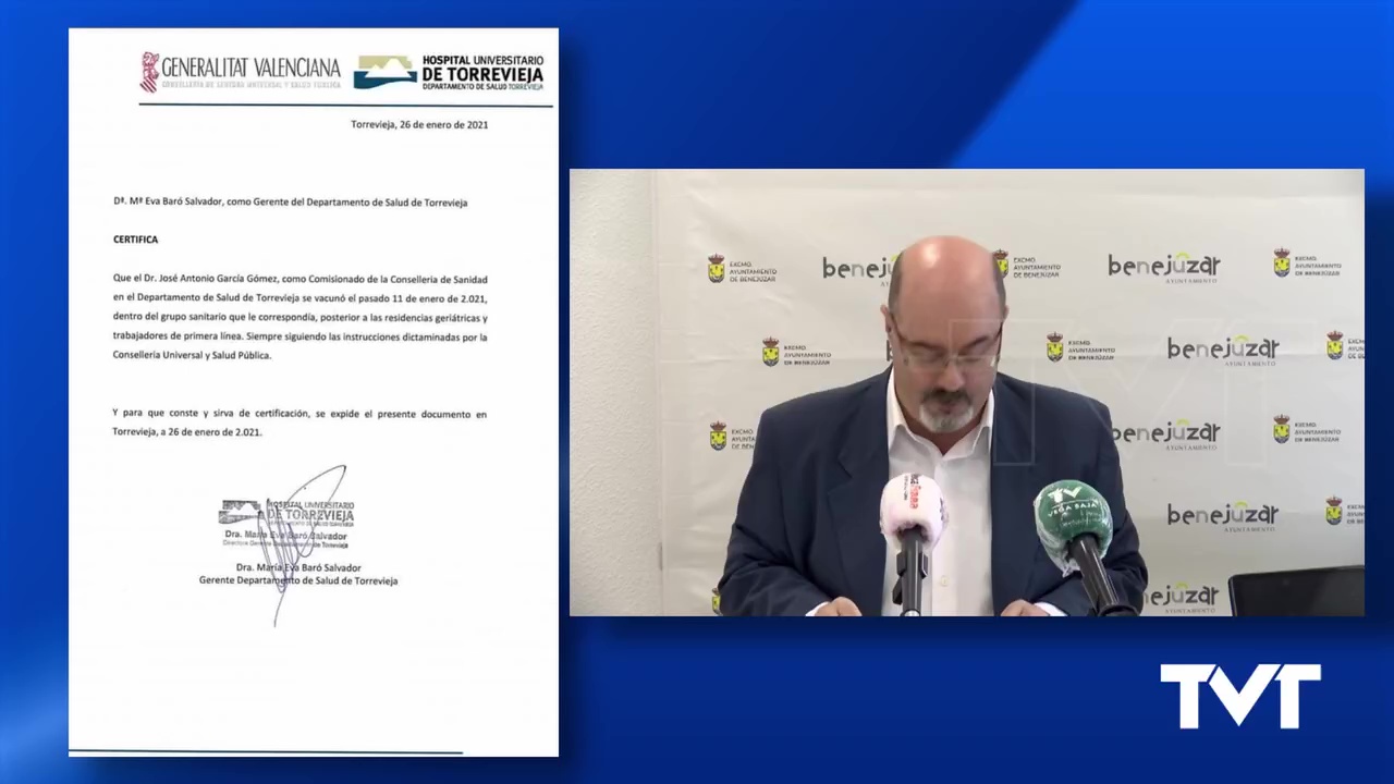 Imagen de Gerencia del Dep. Salud Torrevieja certifica que el ex comisionado se vacunó cuando le correspondía