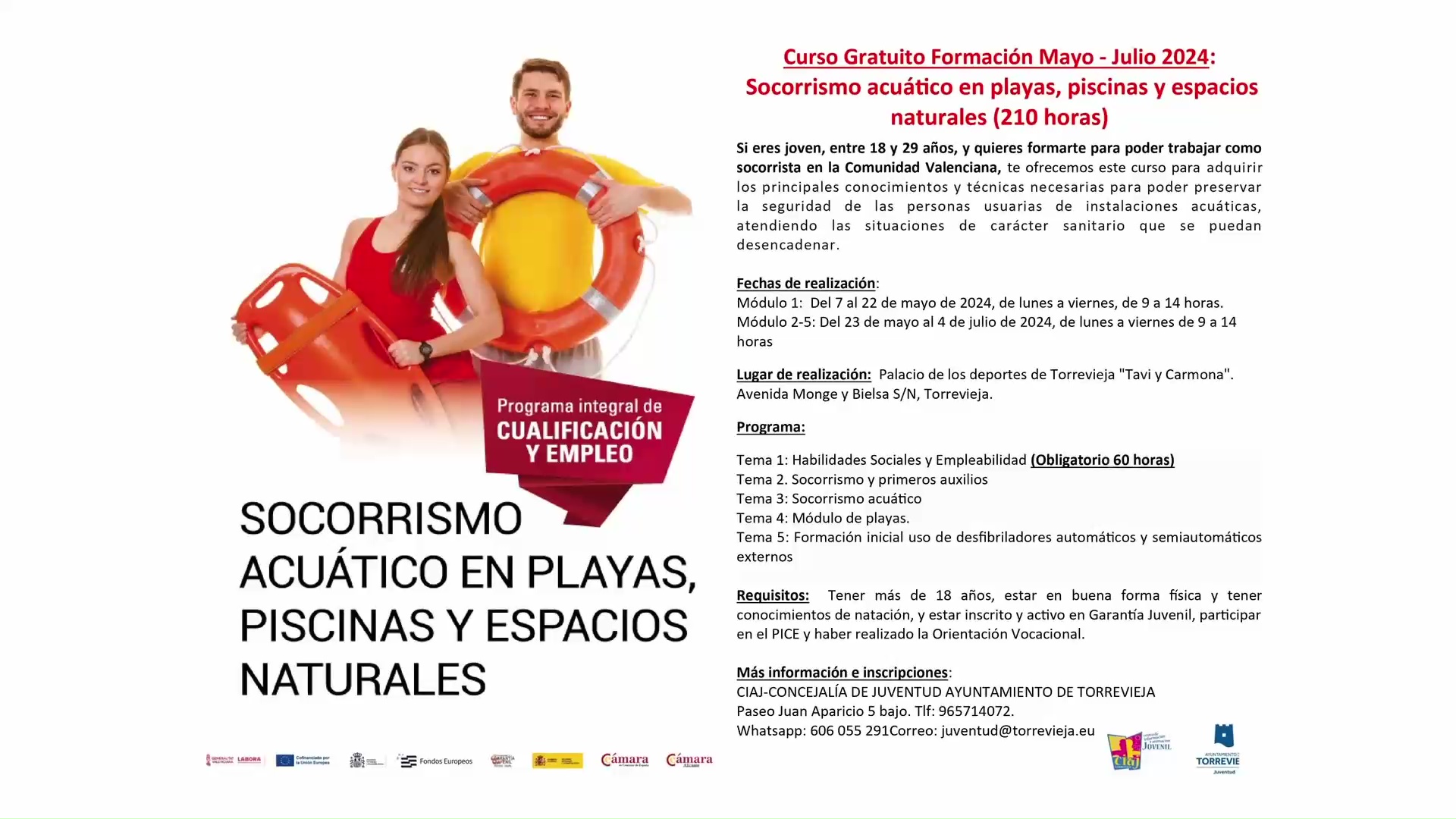 Imagen de Juventud abre el plazo de inscripción para el curso de socorrismo acuático en playas, piscinas y espacios naturales 