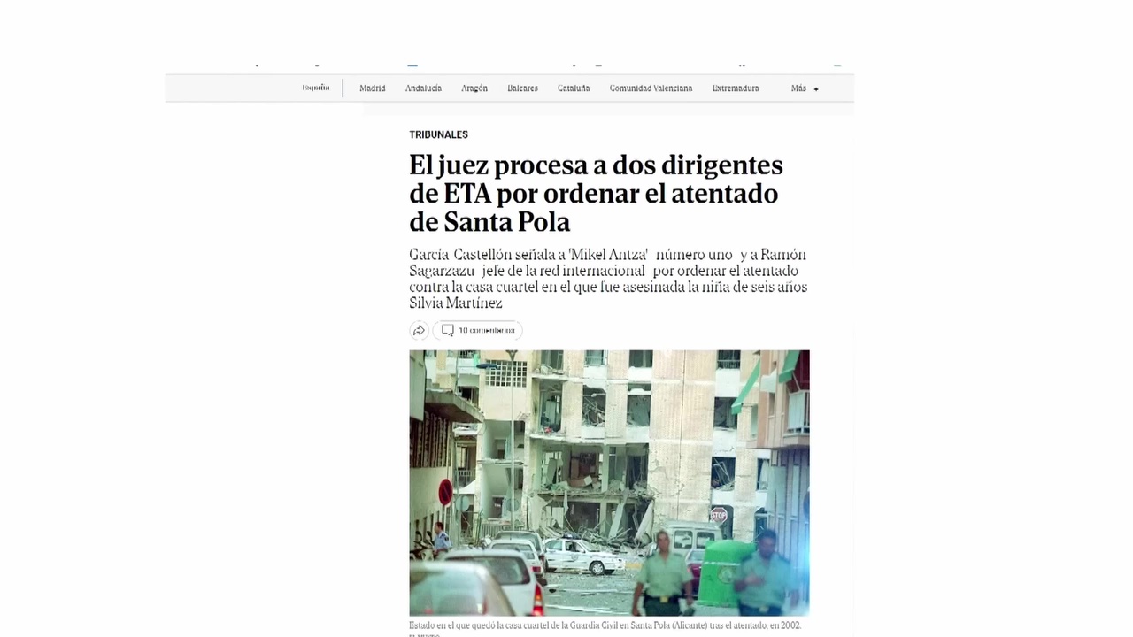Imagen de La Audiencia Nacional procesa a dos dirigentes de ETA por el atentado de Santa Pola donde murió Cecilio Gallego y Silvia, una niña de seis años