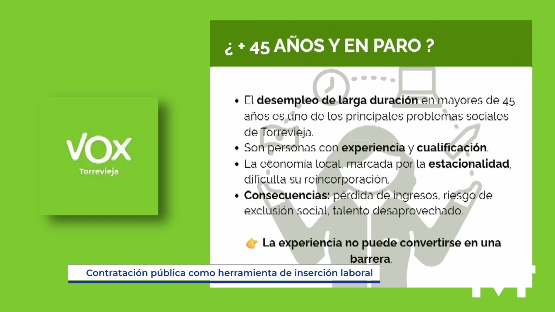Imagen de Vox Torrevieja propone aprovechar los contratos públicos para favorecer el empleo de mayores de 45 años 
